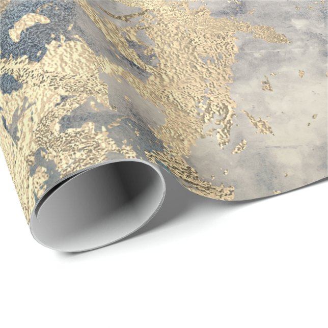 Marble Champaigne Gold Gray Blue Metal Stroke Geschenkpapier (Rolleneckpunkt)
