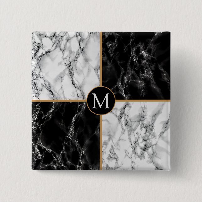 Marble für Schwarz-weißen Karo mit Monogramm-Taste Button (Vorderseite)
