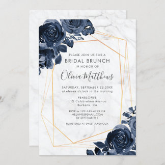 Marble Geometric Gold Blue Rose Bridal Brunch Einladung