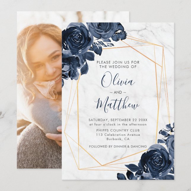 Marble Geometric Gold Blue Rose Foto Hochzeit Einladung (Vorne/Hinten)