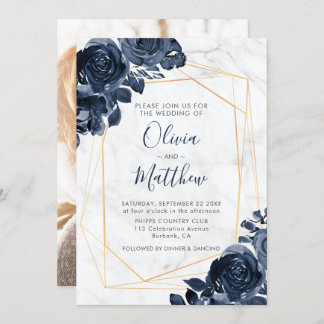 Marble Geometric Gold Blue Rose Foto Hochzeit Einladung