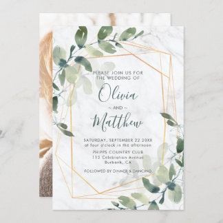 Marble Geometric Gold Eukalyptus Foto Wedding Einladung