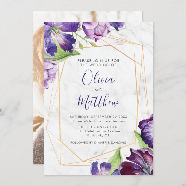 Marble Geometric Gold Lila Tulips Foto Hochzeit Einladung (Vorne/Hinten)