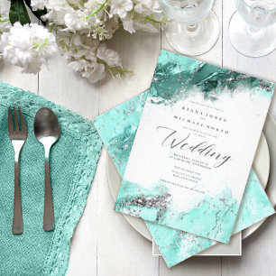 Marble Glitter Wedding Teal Silver ID644 Einladung