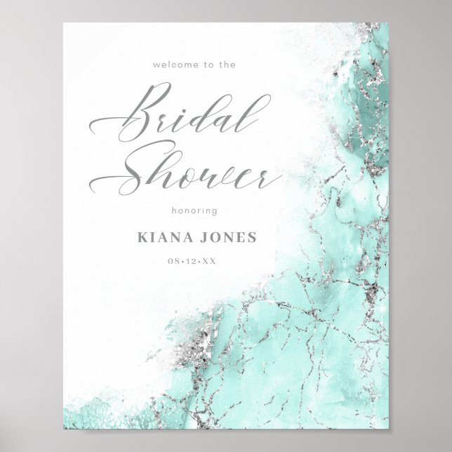 Marble Glitzer Brautparty Aquamarin Silver ID644 Poster (Vorne)