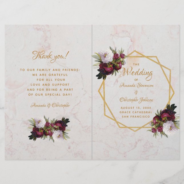 Marble Gold Burgundy White Peonies Wedding Program (Vorderseite)