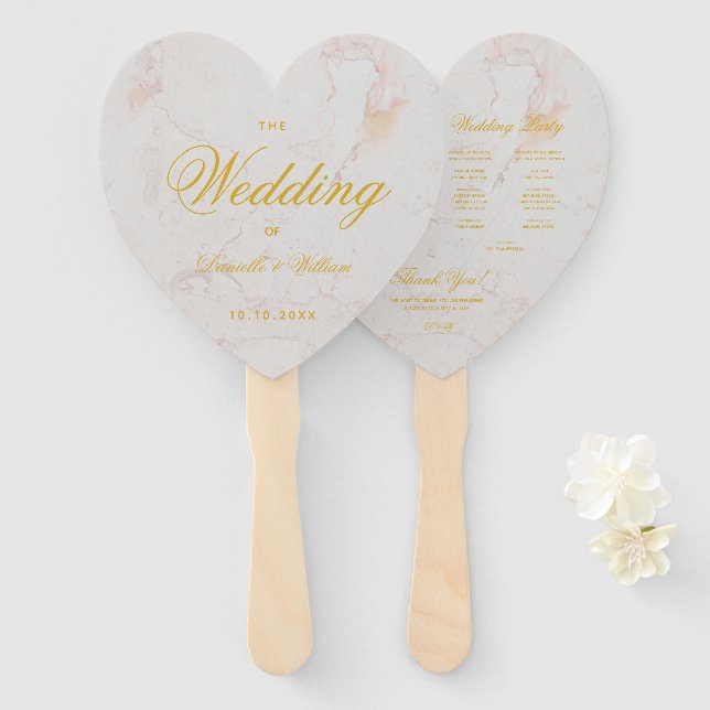 Marble Gold Calligraphy Heart Wedding Program Fächer (Vorne und Hinten)