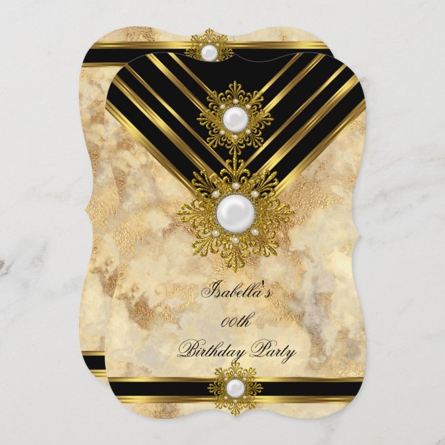 Marble Gold Pearl Beige Black Birthday Party Einladung (Vorne/Hinten)