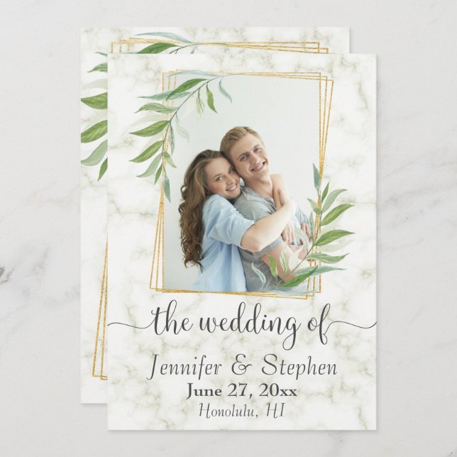 Marble Greenery Gold Geometric Foto Wedding Einladung (Vorne/Hinten)
