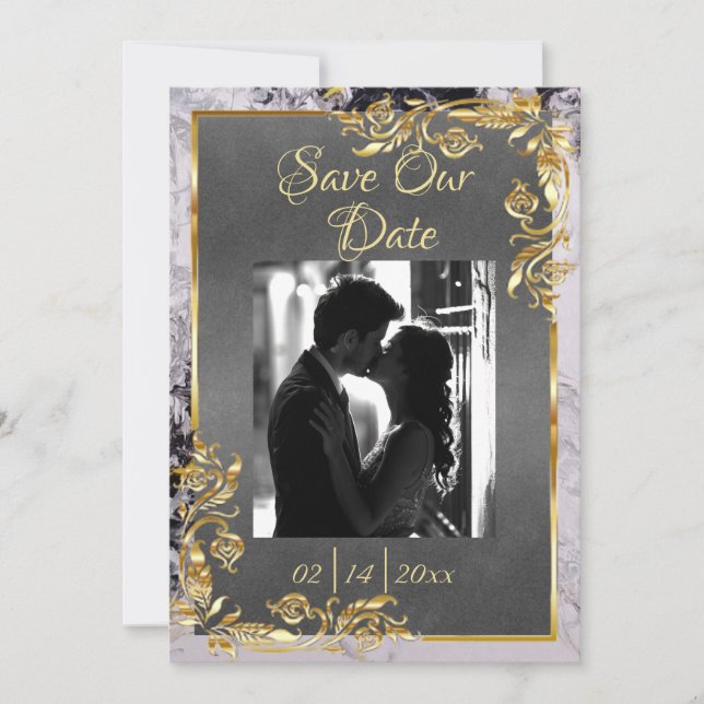 Marble & Grey, Gold Frame, Gold Heart Save The Date (Vorderseite)