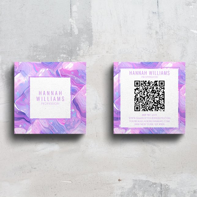 Marble Lila Pink Agate QR Code Girly Trendy Quadratische Visitenkarte (Von Creator hochgeladen)