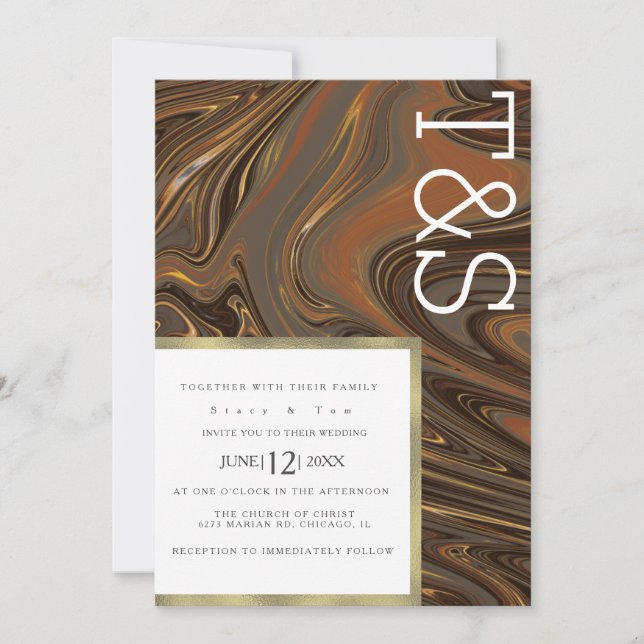 Marble Liquid Brown Gold Typografy Wedding Einladung (Vorderseite)