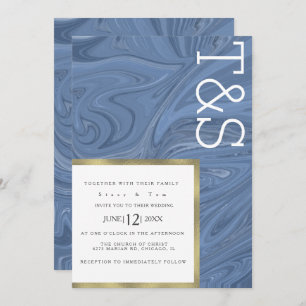 Marble Liquid Dark Blue Gold Typografy Wedding Einladung