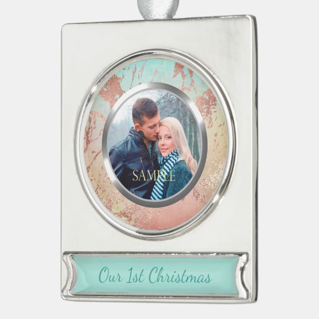 Marble Metallic Rose Gold Erste Weihnachtsfeier Banner-Ornament Silber (Links)