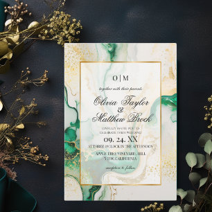 Marble Modern Emerald Green und Gold Wedding Einladung