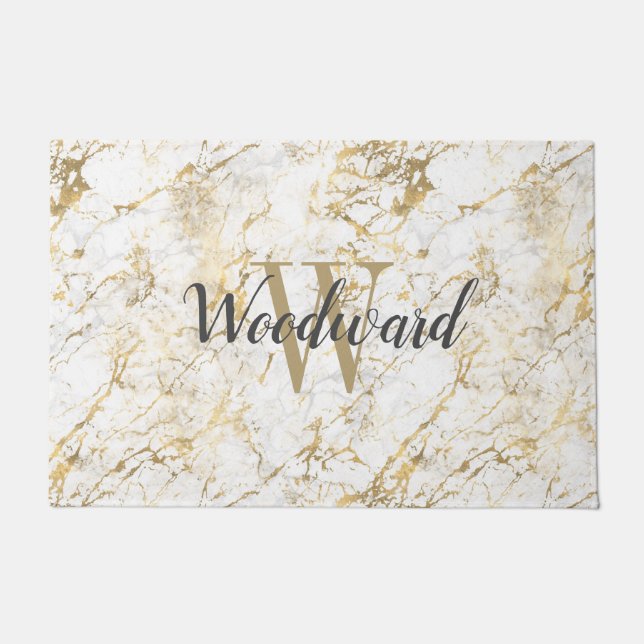Marble Monogram Gold White Script Personalisiert Fußmatte (Vorderseite)