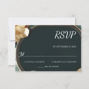 Marble Monstera Emerald Green and Gold Wedding RSVP Karte