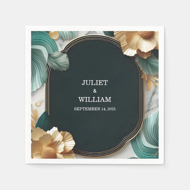 Marble Monstera Emerald Green and Gold Wedding Serviette (Vorderseite)