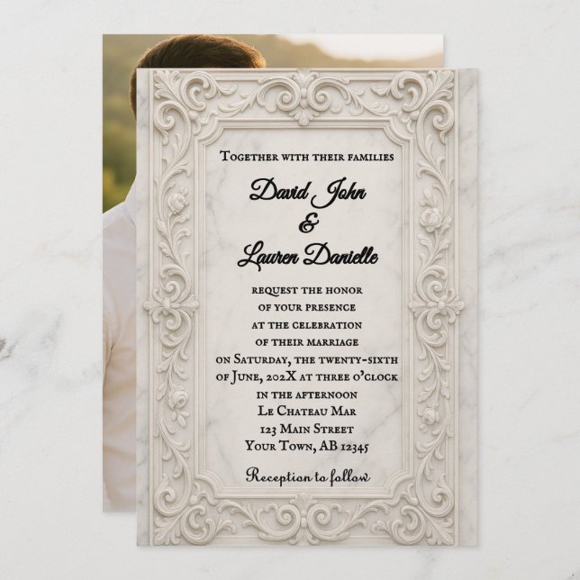 Marble Mystique Foto Wedding Einladung (Vorne/Hinten)