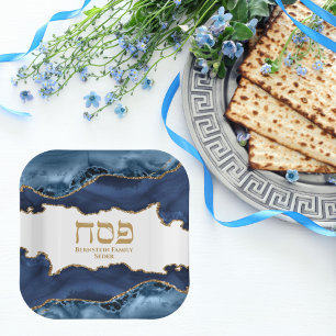 Marble Navy Blue und Gold Hebrew Pesach Sameach Pappteller