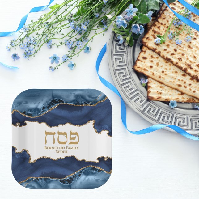 Marble Navy Blue und Gold Hebrew Pesach Sameach Pappteller (Von Creator hochgeladen)