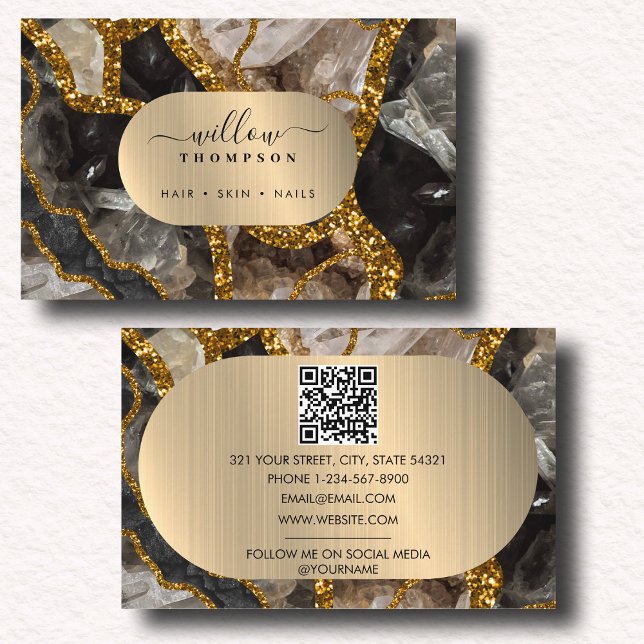 Marble QR-Code für Glitzer mit schwarzem und goldf Visitenkarte (Black & Gold Agate Geode Glitter Marble QR Code Business Card)