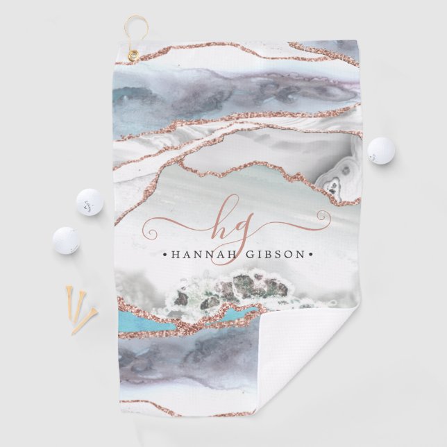 Marble Rose Gold Glitzer Aquamarines Script Monogr Golfhandtuch (Insitu)