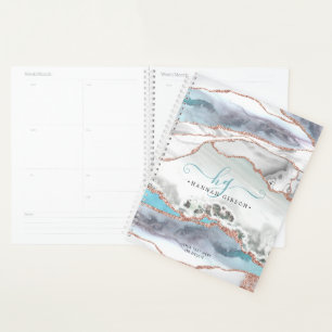 Marble Rose Gold Glitzer Aquamarines Script Monogr Planer
