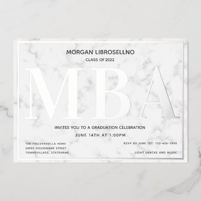 Marble Silver MBA Abschluss Folieneinladung (Vorderseite)