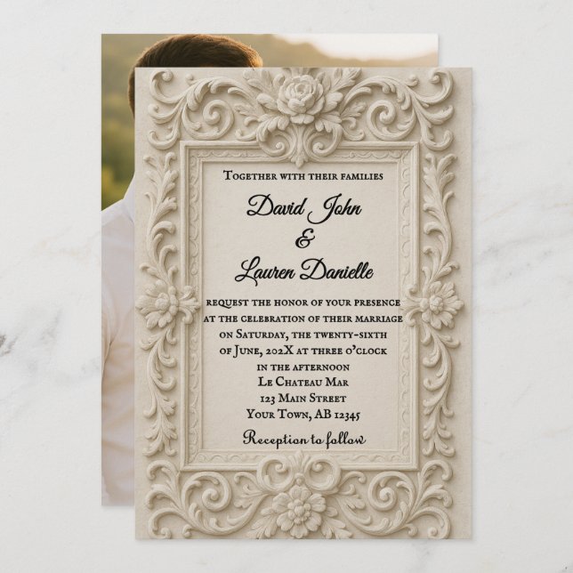 Marble Veil Foto Wedding Einladung (Vorne/Hinten)