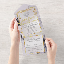 Marble & White, Gold Frame, Silver Heart All In One Einladung