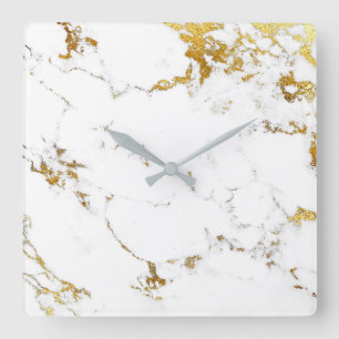 Marble White Gold Gray Carrara Abstrakt Minimal Quadratische Wanduhr