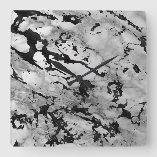Marble White Gray Silver Black Carrara Abstract Quadratische Wanduhr (Vorderseite)