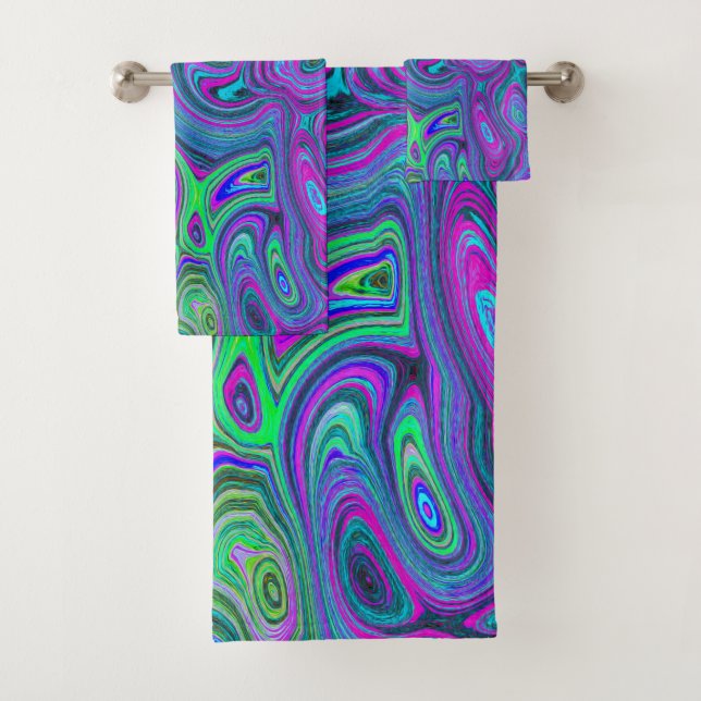 Marbled Magenta und Lime Green Groovy Abstrakte Ku Badhandtuch Set (Insitu)