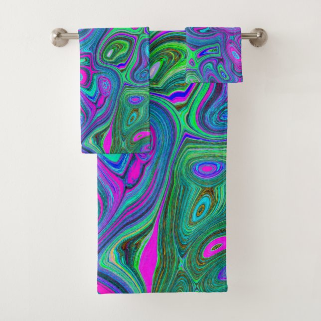 Marbled Magenta und Lime Green Groovy Abstrakte Ku Badhandtuch Set (Insitu)