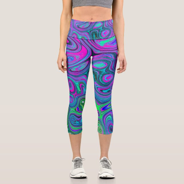 Marbled Magenta und Lime Green Groovy Abstrakte Ku Capri Leggings (Vorderseite)