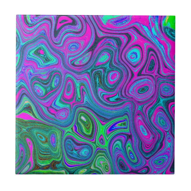 Marbled Magenta und Lime Green Groovy Abstrakte Ku Fliese (Vorderseite)