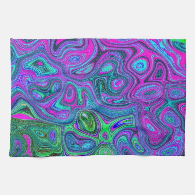 Marbled Magenta und Lime Green Groovy Abstrakte Ku Geschirrtuch (Horizontal)