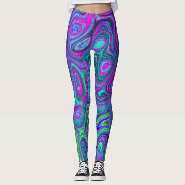 Marbled Magenta und Lime Green Groovy Abstrakte Ku Leggings (Vorderseite)