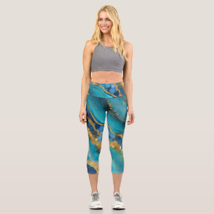 Marbleied Aquamarin Gold Capri Leggings