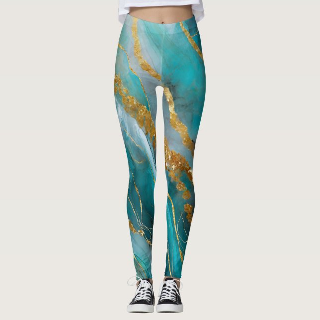 Marbleized Aquamarin Gold Elegant Leggings (Vorderseite)