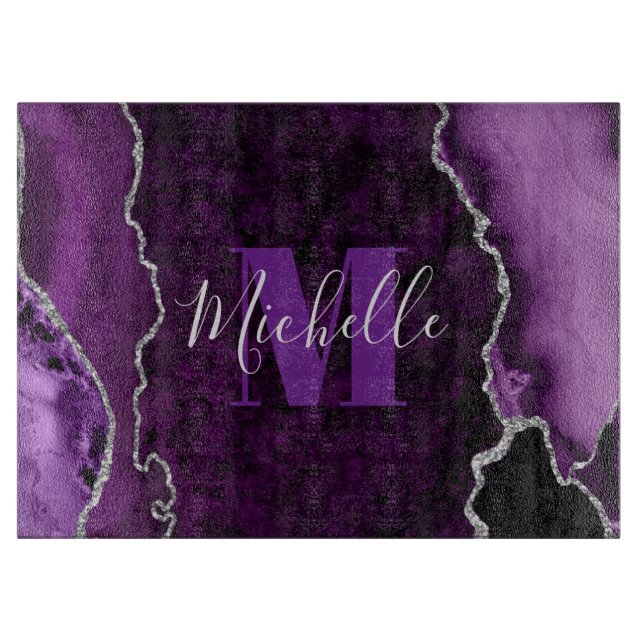 Marbor-Agate-Monogramm für lila- und Silber-Glitze Schneidebrett (Vorderseite)