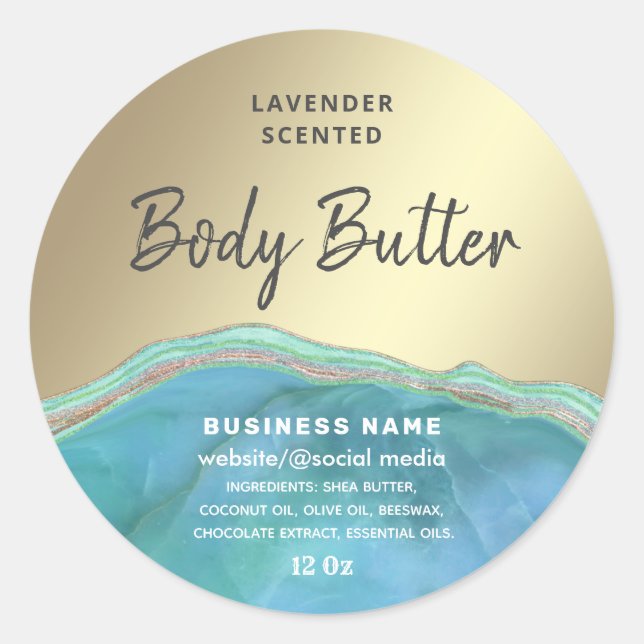 Marbour agate türkis Skript-Butterlabel Runder Aufkleber (Vorderseite)