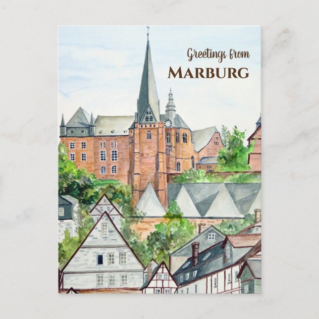 Marburg Altstadt Deutschland Stadtbild Malerei Postkarte (Vorderseite)