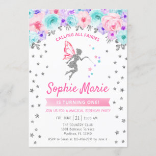 Märchen 1. Geburtstag - Silber Aquamarin Lila Rosa Einladung