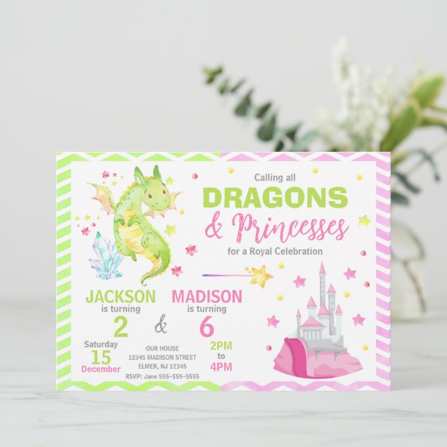 Märchen-Drache-Prinzessin-Gemeinsamer Geburtstag Einladung (Stehend Vorderseite)