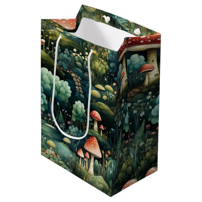 Märchen in Fairyland Mushroom House Green Orange Mittlere Geschenktüte (Vorderseite Schrägansicht)