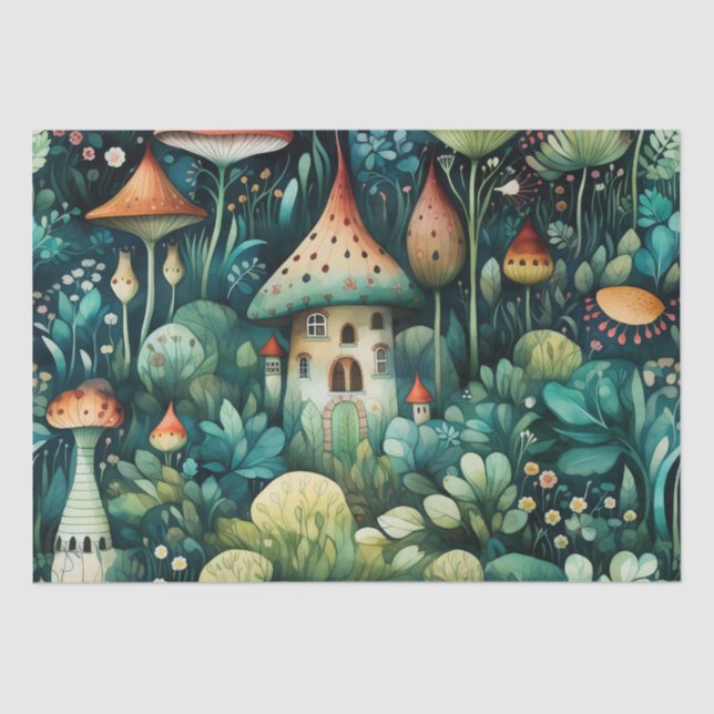 Märchen in Fairyland Mushroom House Green Orange Seidenpapier (Vorderseite)