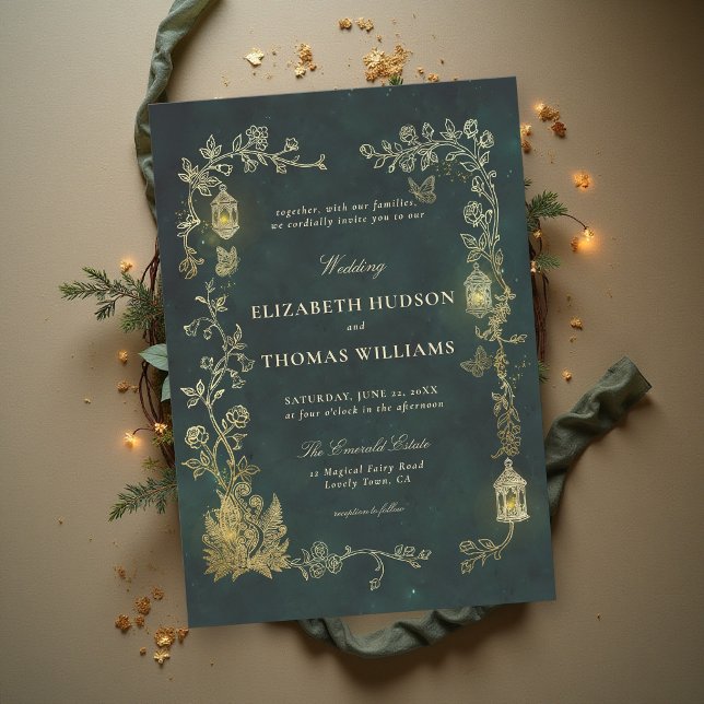 Märchen Smaragdgrüner Laternen-Fairycore-Hochzeit Einladung (fairytale wedding invitation enchanted forest woodland fairycore lanterns emerald green gold)