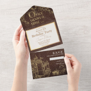 Märchen Thema Goldene Burg auf Vintage-Leder All In One Einladung